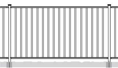Princip tegning af hegn msi-BH-400 leveres med stolper af firkantr�r, som lukkes i top med plastprop og hegns modulfelter med runde lodrette balustre som samles p� stolperne med specialbeslag. Antal vandrette profiler samt afstand mellem lodrette balustre kan varieres efter �nske / opgave.