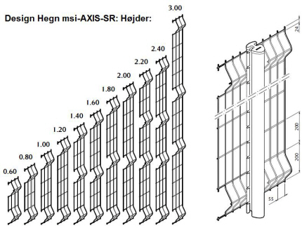 Design Hegn antal kurver ved div. højder: Panelbredde: 2480 mm og 2315mm 2510 mm. Stolpe msi-Axis H2400 + H3000 = 2371 mm. PanelHegn Design Hegn msi-AXIS-C: Højder: 600 - 800 - 1000 - 1200 - 1400 - 1600 - 1800 - 2000 - 2200 - 2400 - 3000 mm. Design Panel Hegn DATA
