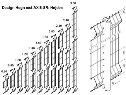 Design Hegn antal kurver ved div. hjder: Panelbredde: 2480 mm og 2315mm 2510 mm. Stolpe msi-Axis H2400 + H3000 = 2371 mm. PanelHegn Design Hegn msi-AXIS-C: Hjder: 600 - 800 - 1000 - 1200 - 1400 - 1600 - 1800 - 2000 - 2200 - 2400 - 3000 mm. Design Panel Hegn DATA