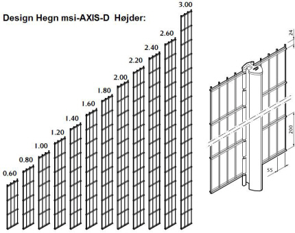 Hegn`s Stolpe afstand: Hegn-Stolpe msi-Axis = CC 2536 mm. TRDHEGN Design Hegn msi-AXIS-D: Hjder: 600mm - 800mm - 1000mm - 1200mm - 1400mm - 1600mm - 1800mm - 2000mm - 2200mm - 2400mm - 2600mm - 3000 mm. Design Panel Hegn DATA 