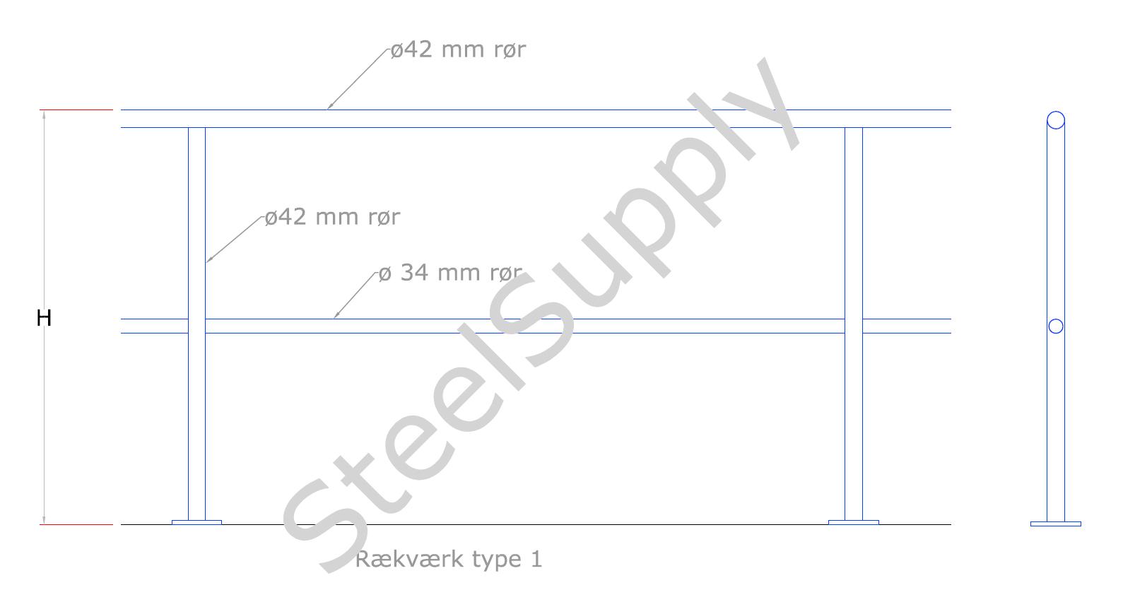 Rkvrk (gelnder) Udendrs Type 01: Hndliste: Af  42mm Galv. Rr. Baluster,Stolpe: Af  42mm Galv. Rr. Knliste: Af  34mm Galv. Rr. 