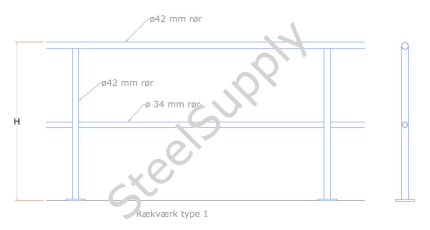 Rkvrk (gelnder) Hegn, Stakit, Udendrs Type 1: Hndliste: Af  42mm Galv. Rr. Baluster,Stolpe: Af  42mm Galv. Rr. Knliste: Af  34mm Galv. Rr. model-id: msi-01 