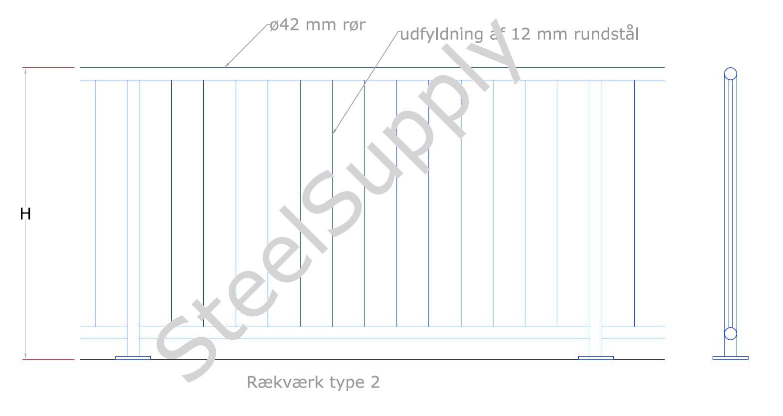 Rkvrk (gelnder) Udendrs Type 02: Hndliste: Af  42mm Galv. Rr. Baluster,Stolpe: Af  42mm Galv. Rr. Vrn Udfyldning: Af  12mm Rundstl.