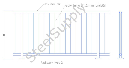 Rkvrk (gelnder) Hegn, Stakit, Udendrs Type 2: Hndliste: Af  42mm Galv. Rr. Baluster,Stolpe: Af  42mm Galv. Rr. Vrn Udfyldning: Af  12mm Rundstl. model-id: msi-02 