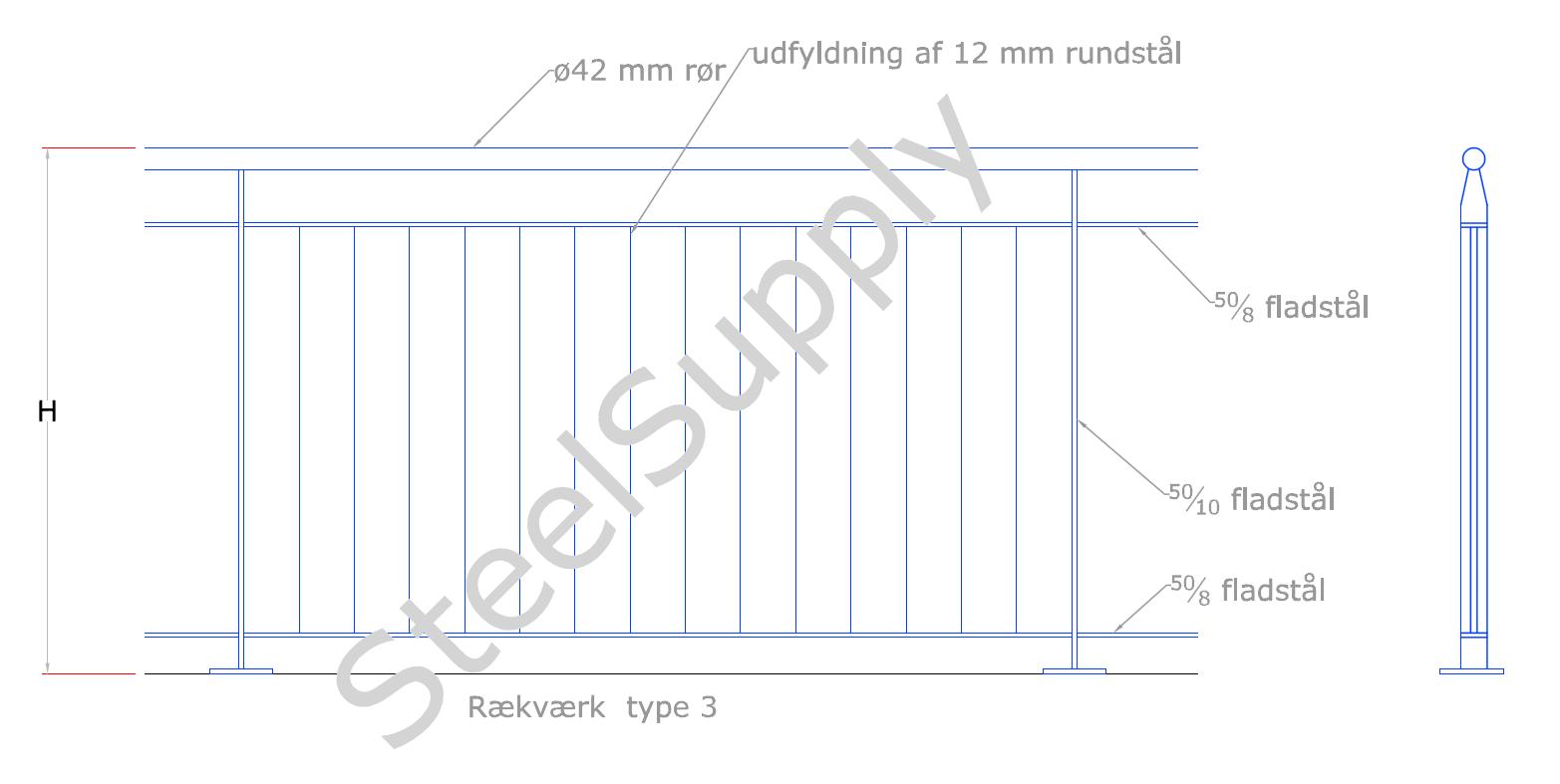 Rkvrk (gelnder) Udendrs Type 03: Hndliste: Af  42mm Galv. Rr. Baluster,Stolpe: Af 50/10mm Fladstl. Medlber + Bund: 50/8 Fladstl. Vrn Udfyldning: Af  12mm Rundstl.