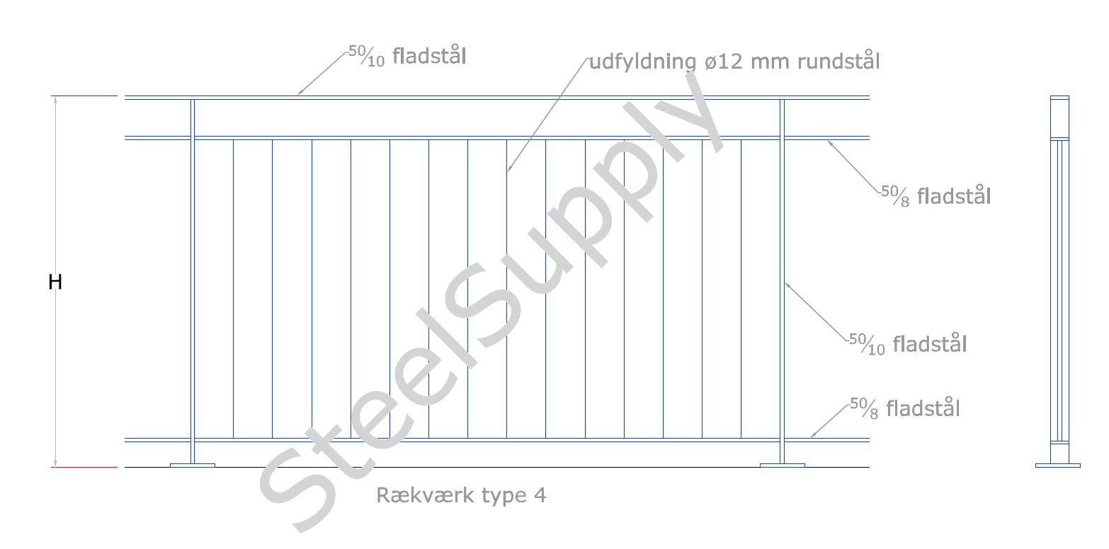 Rkvrk (gelnder) Udendrs Type 04: Hndliste: Af 50/10mm Fladstl. Baluster,Stolpe: Af 50/10mm Fladstl. Medlber + Bund: 50/8 Fladstl. Vrn Udfyldning: Af  12mm Rundstl.