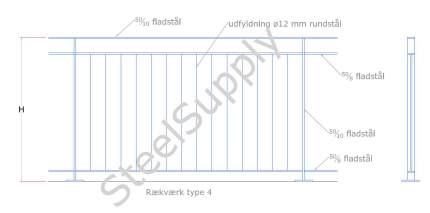 Rkvrk (gelnder) Hegn, Stakit, Udendrs Type 04: Hndliste: Af 50/10mm Fladstl. Baluster,Stolpe: Af 50/10mm Fladstl. Medlber + Bund: 50/8 Fladstl. Vrn Udfyldning: Af  12mm Rundstl. model-id: msi-04 