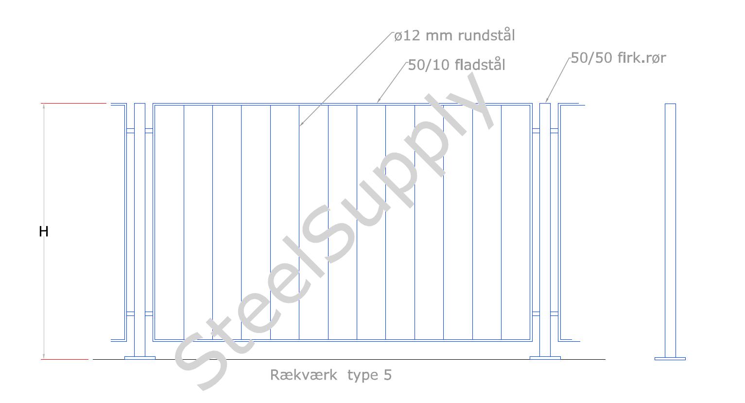 Rkvrk (gelnder) Udendrs Type 05: Hndliste Ramme: Af 50/10mm Fladstl. Baluster,Stolpe: Af 50/50 Firkantrr. Vrn Udfyldning: Af  12mm Rundstl. 