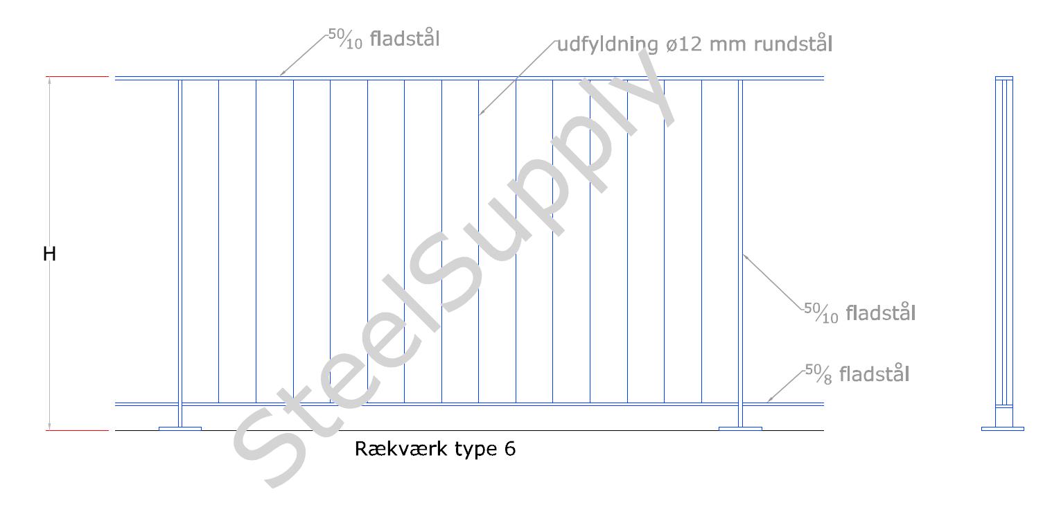 Rkvrk (gelnder) Udendrs Type 06: Hndliste: Af 50/10mm Fladstl. Baluster,Stolpe: Af 50/10mm Fladstl. Medlber-Bund: 50/8 Fladstl. Vrn Udfyldning: Af  12mm Rundstl. 