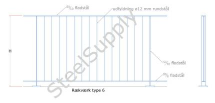 Rkvrk (gelnder) Hegn, Stakit, Udendrs Type 6: Hndliste: Af 50/10mm Fladstl. Baluster,Stolpe: Af 50/10mm Fladstl. Medlber-Bund: 50/8 Fladstl. Vrn Udfyldning: Af  12mm Rundstl. model-id: msi-06 