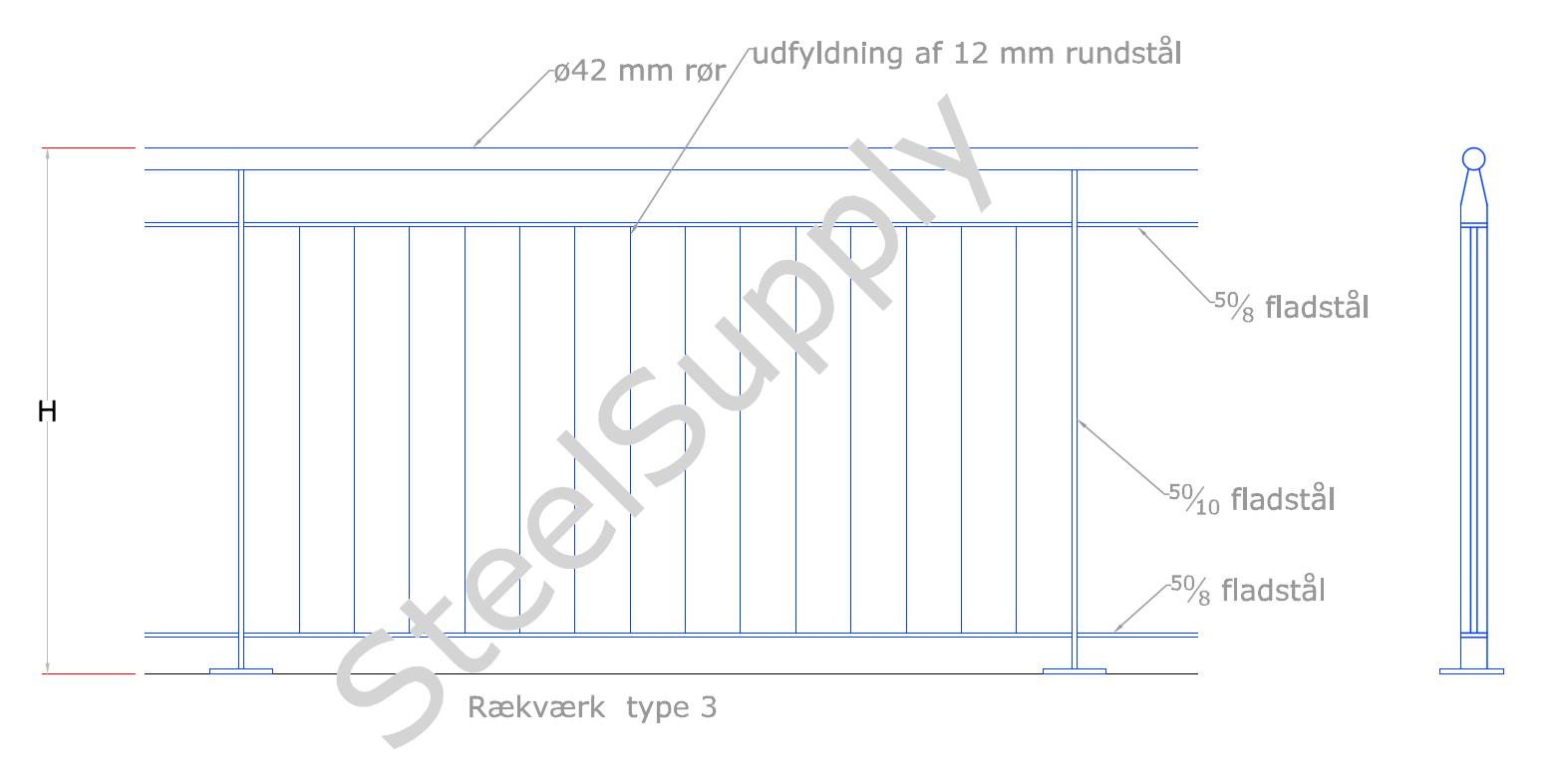 R�kv�rk (gel�nder) Udend�rs Type 03: H�ndliste: Af � 42mm Galv. R�r. Baluster,Stolpe: Af 50/10mm Fladst�l. Medl�ber + Bund: 50/8 Fladst�l. V�rn Udfyldning: Af � 12mm Rundst�l.