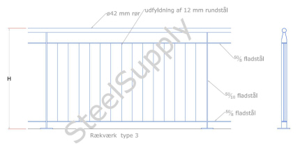 R�kv�rk (gel�nder) Hegn, Stakit, Udend�rs Type 3: H�ndliste: Af � 42mm Galv. R�r. Baluster,Stolpe: Af 50/10mm Fladst�l. Medl�ber + Bund: 50/8 Fladst�l. V�rn Udfyldning: Af � 12mm Rundst�l. model-id: msi-03