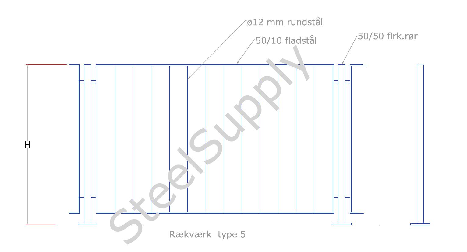 R�kv�rk (gel�nder) Udend�rs Type 05: H�ndliste Ramme: Af 50/10mm Fladst�l. Baluster,Stolpe: Af 50/50 Firkantr�r. V�rn Udfyldning: Af � 12mm Rundst�l. 
