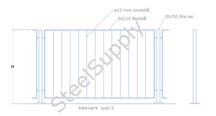 R�kv�rk (gel�nder) Hegn, Stakit, Udend�rs Type 5: H�ndliste Ramme: Af 50/10mm Fladst�l. Baluster,Stolpe: Af 50/50 Firkantr�r. V�rn Udfyldning: Af � 12mm Rundst�l. model-id: msi-05