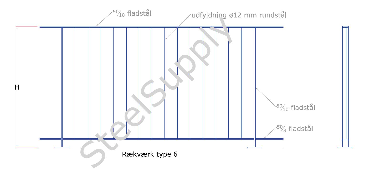 R�kv�rk (gel�nder) Udend�rs Type 06: H�ndliste: Af 50/10mm Fladst�l. Baluster,Stolpe: Af 50/10mm Fladst�l. Medl�ber-Bund: 50/8 Fladst�l. V�rn Udfyldning: Af � 12mm Rundst�l. 