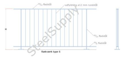 R�kv�rk (gel�nder) Hegn, Stakit, Udend�rs Type 6: H�ndliste: Af 50/10mm Fladst�l. Baluster,Stolpe: Af 50/10mm Fladst�l. Medl�ber-Bund: 50/8 Fladst�l. V�rn Udfyldning: Af � 12mm Rundst�l. model-id: msi-06 