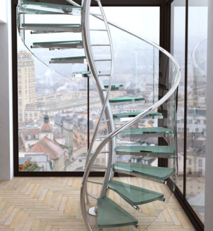 Design-Spindel-trappe med spindel i DNA-stil, gelænder-glasværn i buet hærdet glas.