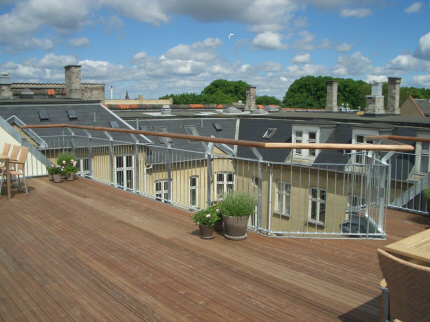 Tag-terrasse, IPE-terrasse-brdder, galvaniseret rkvrk m. tilbagetrukket IPE hrdttr tr-hndliste.