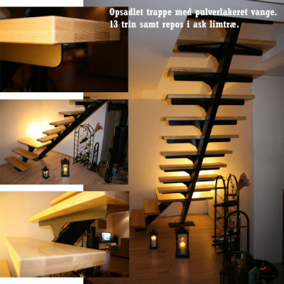 St�ltrappe, indvendig, opsadlet Kvartsvings-trappe, pulverlakeret sort trappe-vange, 13 trin ask limtr�.